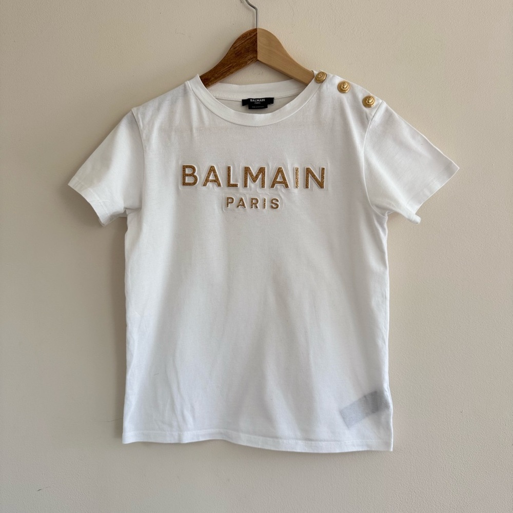 Balmain Paris‎ White Logo T-Shirt with Gold Buttons Size 12A - Picture 2 of 9